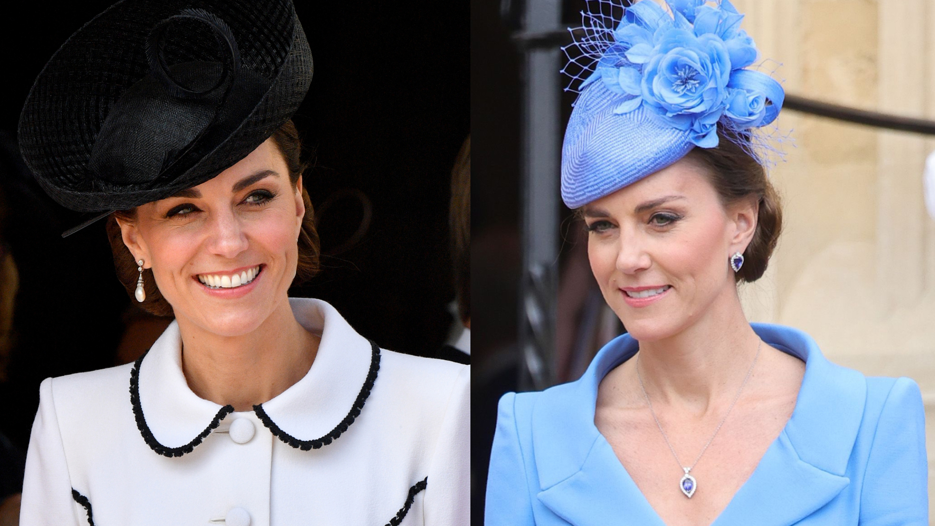 A split image of Princess Kate in a white coat and a blue coat and hat