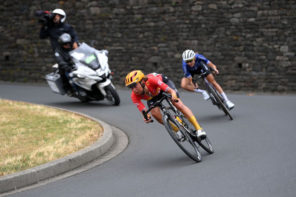 CLERMONTFERRAND FRANCE JULY 24 LR Anouska Koster of The Netherlands and Team UnoX Pro Cycling Team and Yara Kastelijn of The Netherlands and Team FenixDeceuninck compete in the breakaway prior to the 2nd Tour de France Femmes 2023 Stage 2 a 1517km stage from ClermontFerrand to Mauriac UCIWWT on July 24 2023 in ClermontFerrand France Photo by Alex BroadwayGetty Images