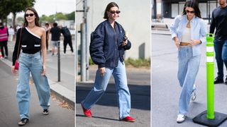 Split image of Vittoria Ceretti, Hailey Bieber, and Kendall Jenner wearing wide-legged jeans and adidas sneakers