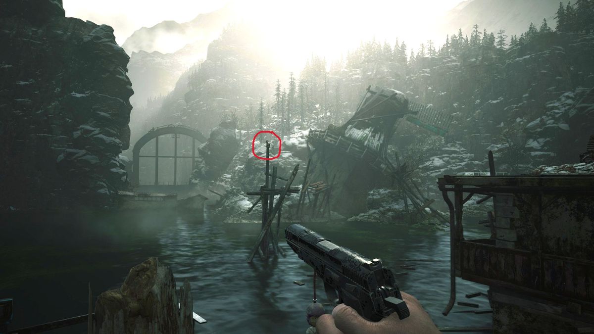 Edited in-game screenshot of a Goat of Warding in Resident Evil Village