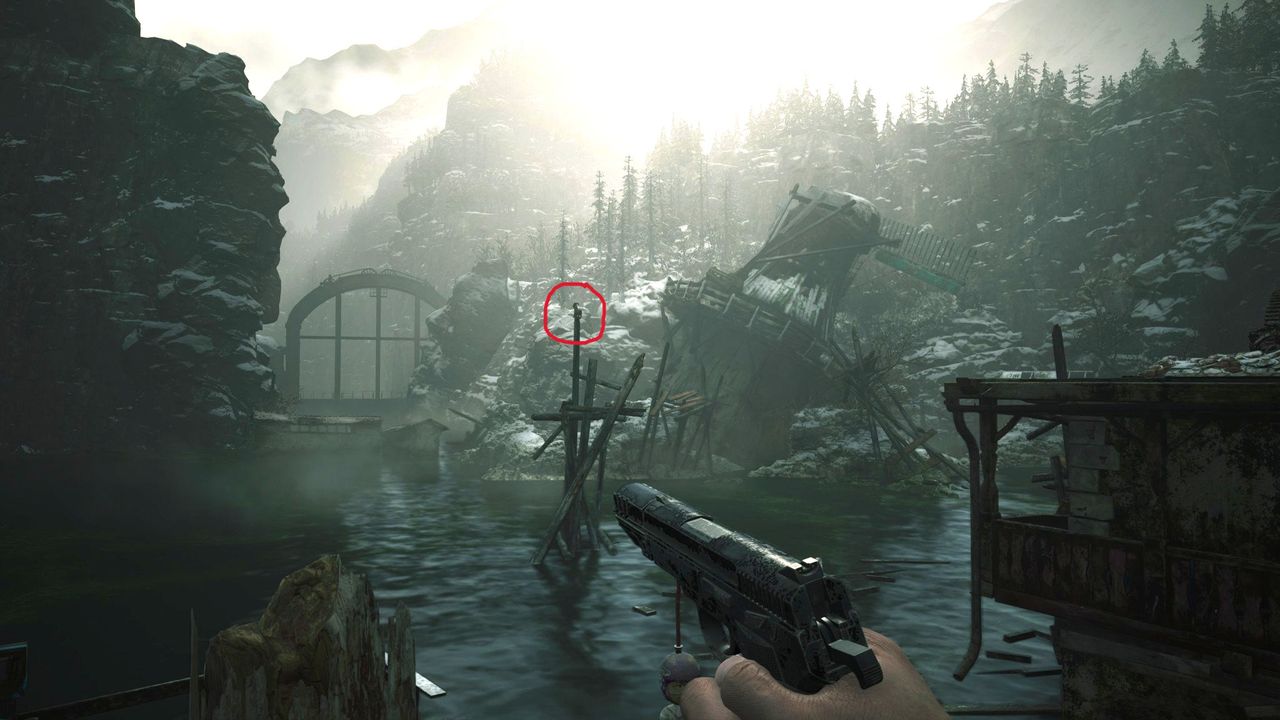 Edited in-game screenshot of a Goat of Warding in Resident Evil Village