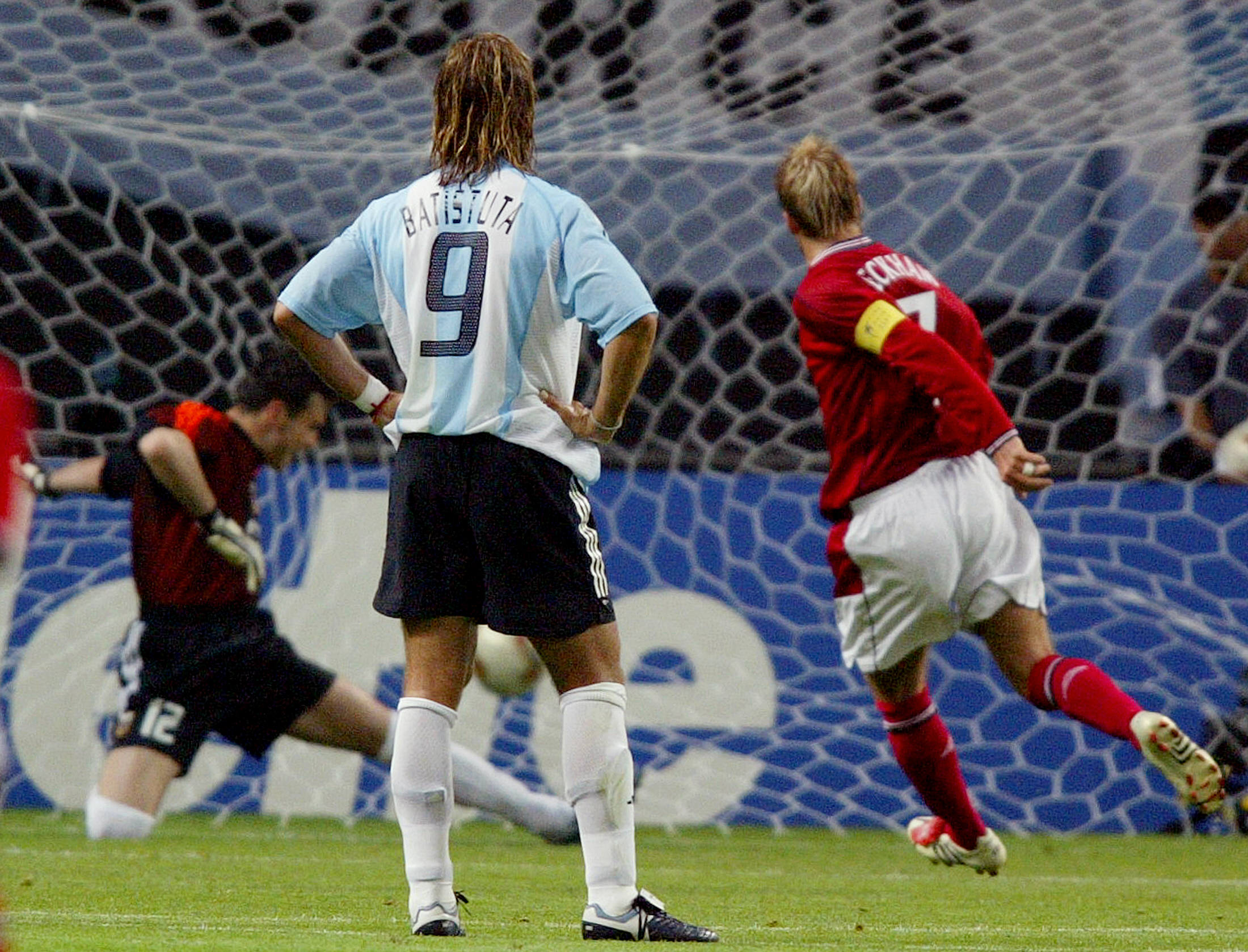 David Beckham scores a penalty for England against Argentina at the 2002 World Cup.