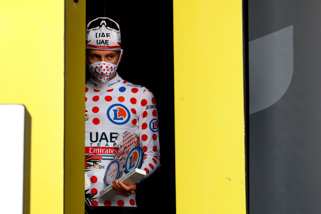 LA PLANCHE FRANCE SEPTEMBER 19 Podium Tadej Pogacar of Slovenia and UAE Team Emirates Polka Dot Mountain Jersey Celebration during the 107th Tour de France 2020 Stage 20 a 362km Individual Time Trial stage from Lure to La Planche Des Belles Filles 1035m ITT TDF2020 LeTour on September 19 2020 in La Planche France Photo by Sebastien Nogier PoolGetty Images