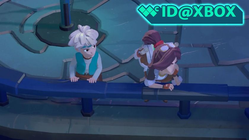 A screenshot from Moonlighter 2 showing two characters resting their arms on a railing. A graphic in the top right shows the Windows Central logo and says, &quot;ID@Xbox.&quot;