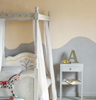 Annie Sloan Paris Grey, the best grey chalk paint, used in a child's bedroom with a bed with a white poster, and a grey bedside table