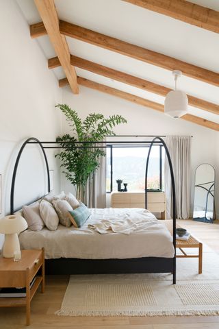 a bedroom with an large indoor tree