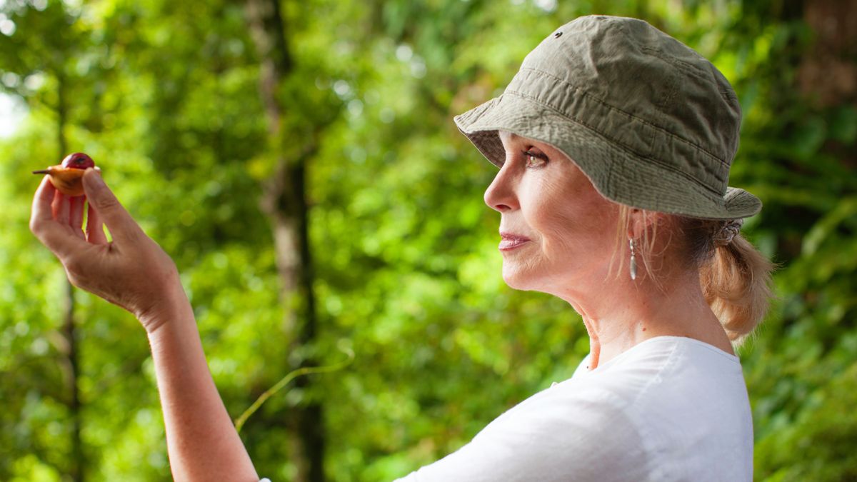 Profile view of Joanna Lumley holding a nutmeg kernel in Indonesia for Joanna Lumley&#039;s Spice Trial Adventure