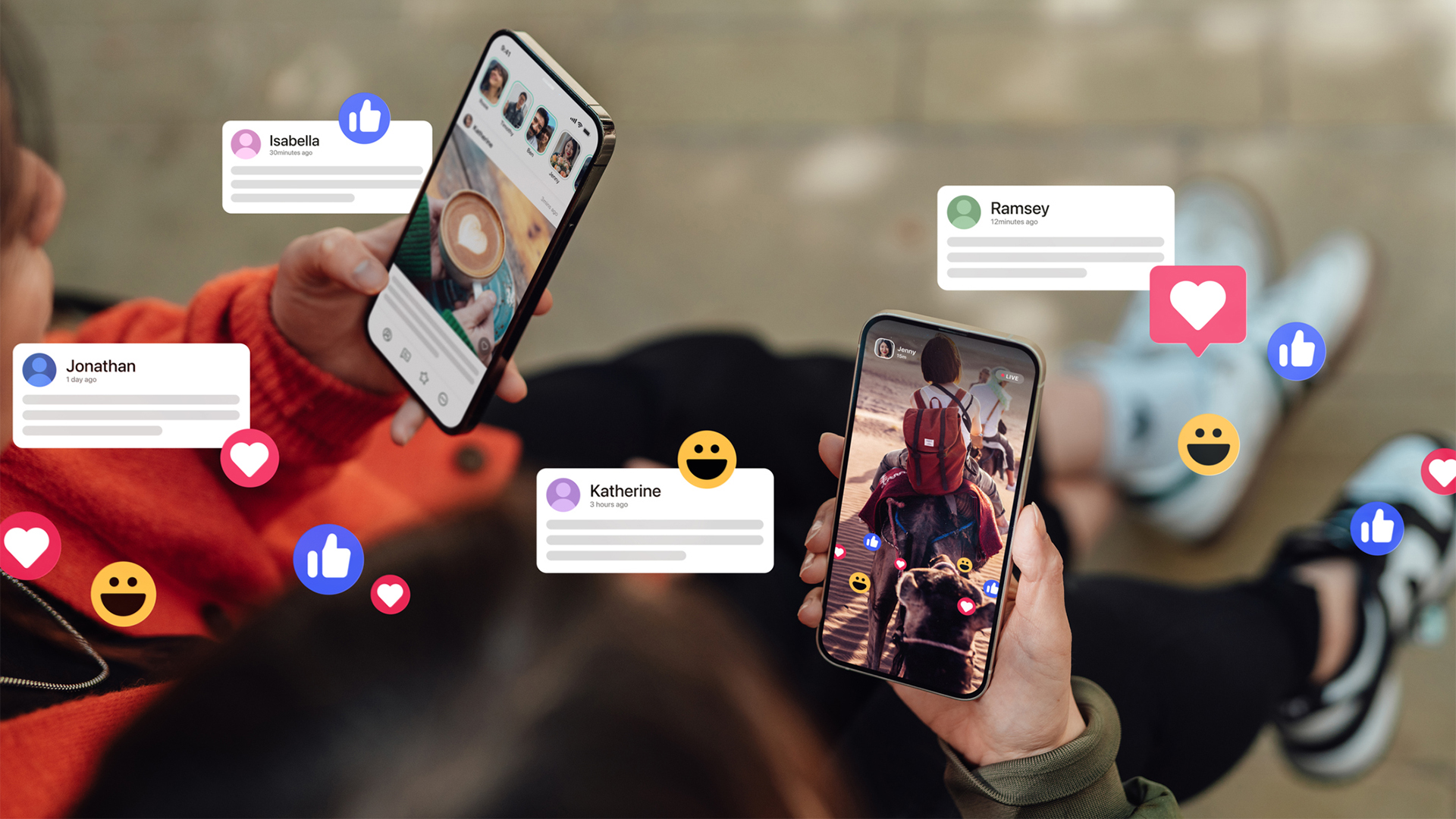 Two female hands holding their smartphones, connecting with social media, leaving comments, sending messages and sharing photos. Technology connecting people.