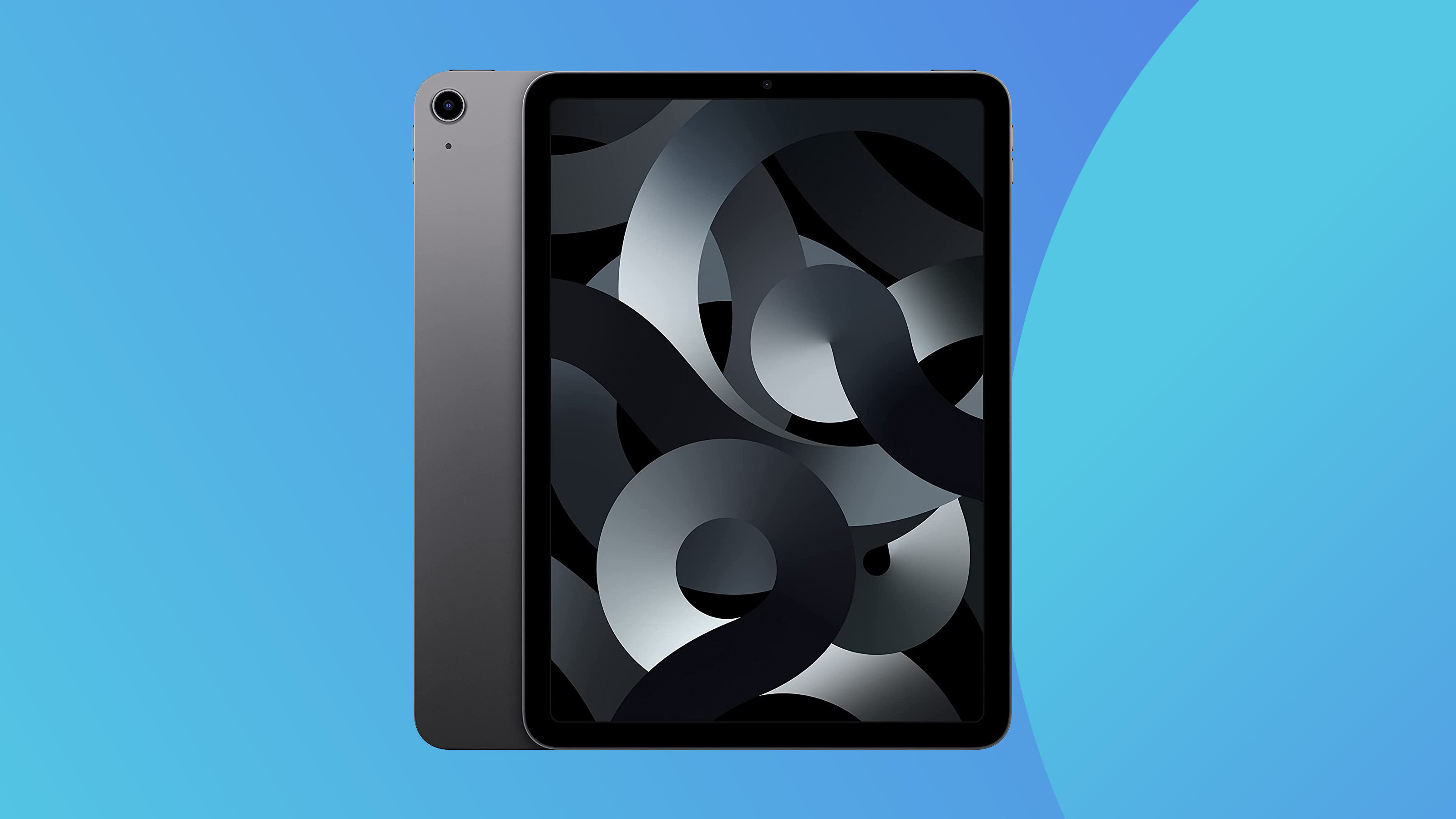 A product shot of the 2022 iPad Air on a colourful background