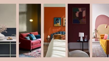 compilation image showing five key interior paint colour trends 2024