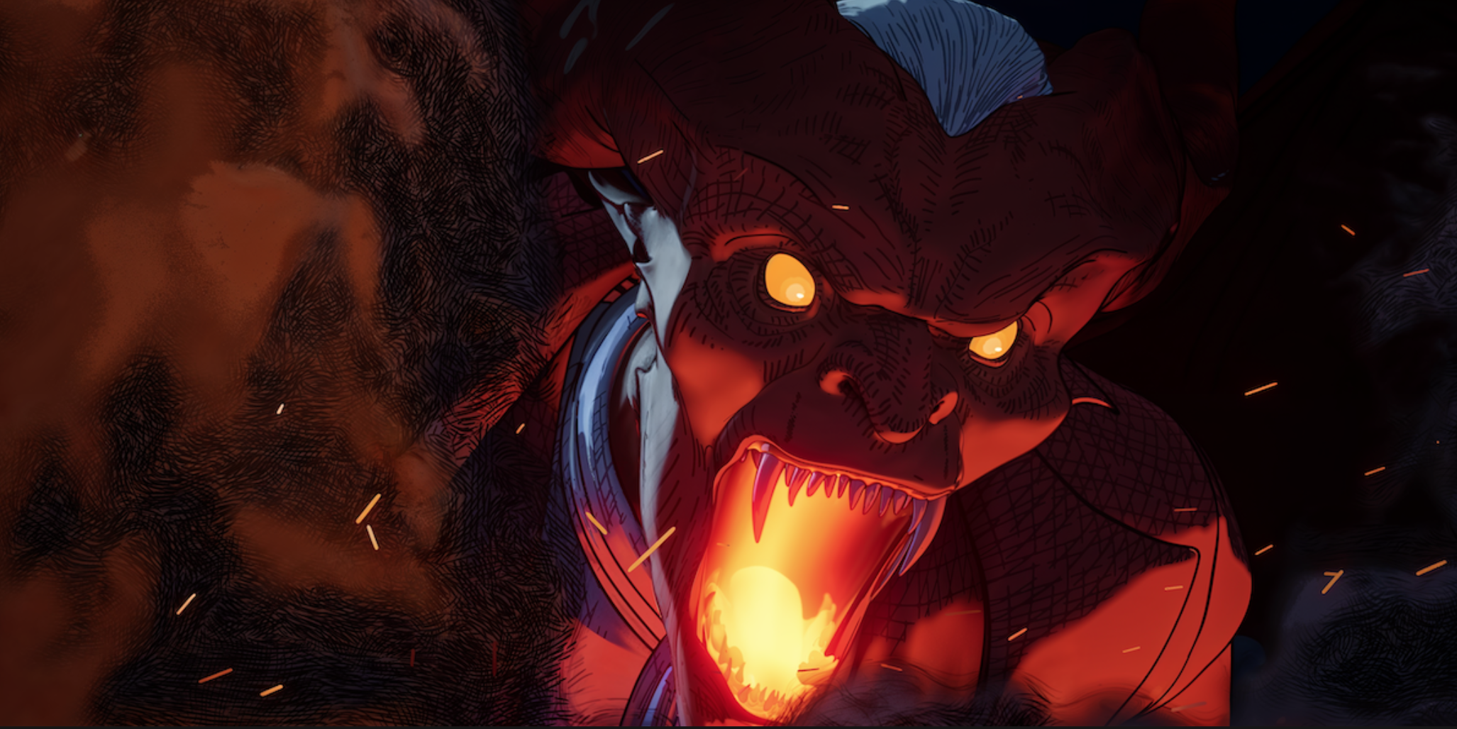 a roaring horned demon belches flames