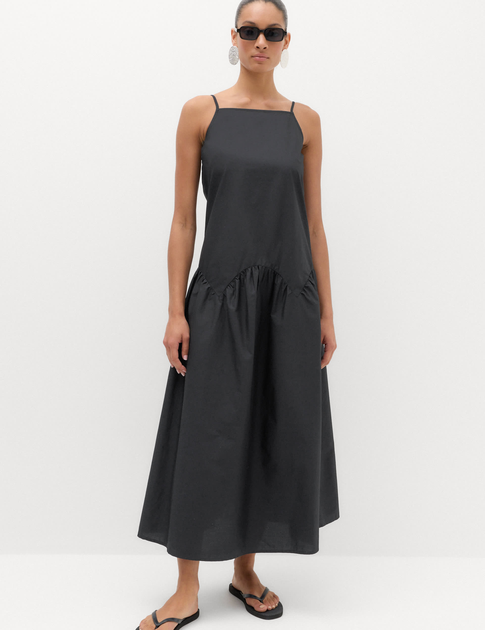 Pure Cotton Square Neck Midi Drop Waist Dress