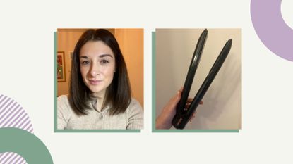 collage of images of a woman with straight hair after conducting a Babyliss 9000 Cordless Hair Straightener review and the product in hand
