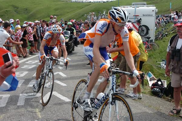 Rabobank teammates Robert Gesink and Denis Menchov tackle the Col de la Madeleine.