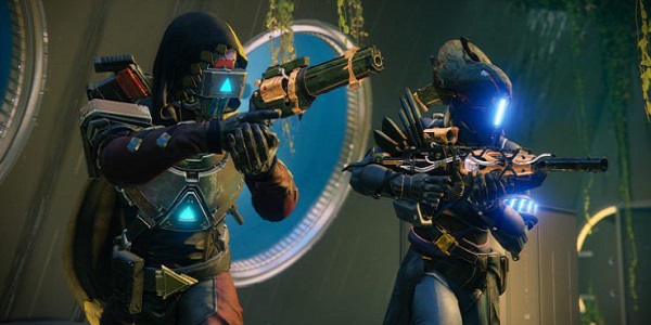 Two Guardians charge forward in Destiny 2.