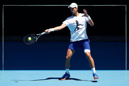 Novak Djokovic playing tennis in a practice session ahead of the Australian Open
