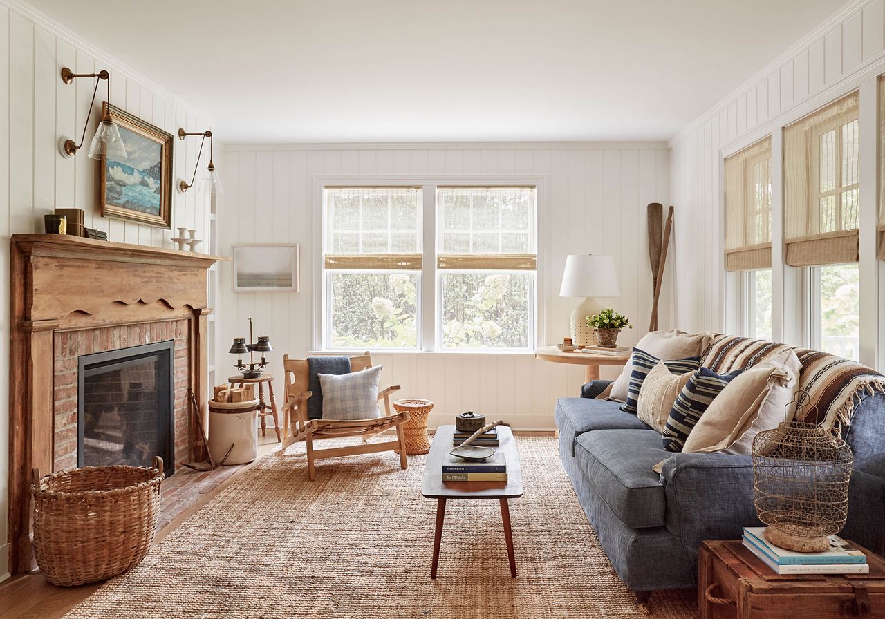 Small living room with white shiplap and sisal floor