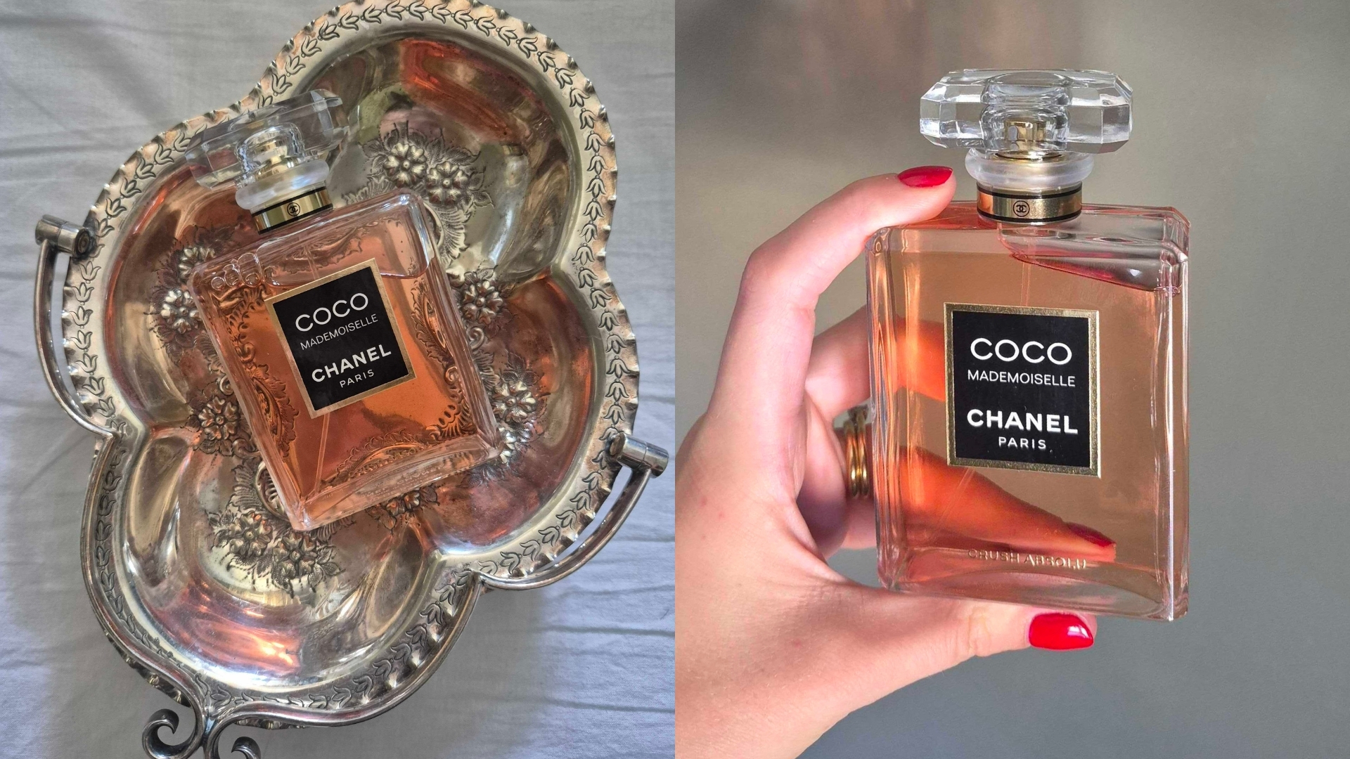 On the left is a picture of a bottle of Coco Mademoiselle Crush Absolu lying in an ornate silver dish, and on the right is a picture of Digital Beauty Writer, Naomi Jamieson, holding the bottle of perfume in her hand in front of a green wall background.