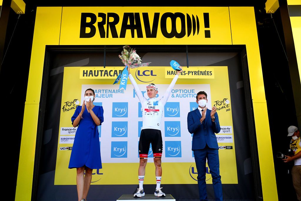 HAUTACAM FRANCE JULY 21 Tadej Pogacar of Slovenia and UAE Team Emirates White Best Young Rider Jersey celebrates at podium during the 109th Tour de France 2022 Stage 18 a 1432km stage from Lourdes to Hautacam 1520m TDF2022 WorldTour on July 21 2022 in Hautacam France Photo by Dario BelingheriGetty Images