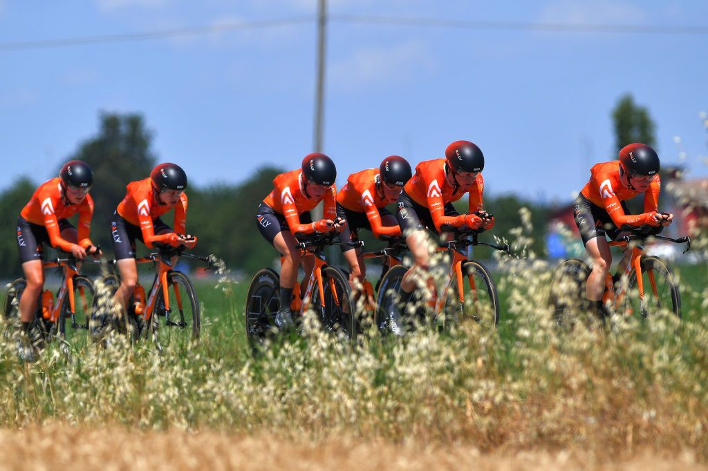 CUNEO ITALY JULY 02 Clara Koppenburg of Germany Kristabel DoebelHickok of United States Heidi Franz of United States Holly Breck of United States Sara Poidevin of Canada Katie Clouse of United States and Team Rally Cycling during the 32nd Giro dItalia Internazionale Femminile 2021 Stage 1 a 267 Team Time Trial stage from Fossano to Cuneo 540m TTT GiroDonne UCIWWT on July 02 2021 in Cuneo Italy Photo by Luc ClaessenGetty Images