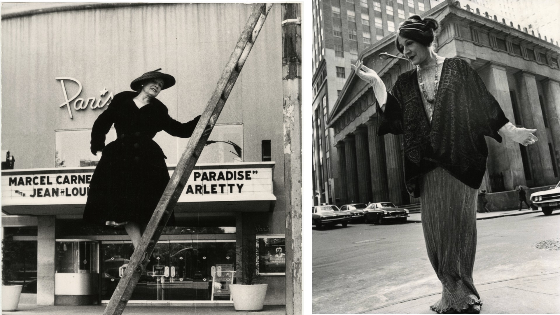 Edith Sherman posing in costume on a ladder in front of the Paris theatre (left) and in front of Federal Hall (right)