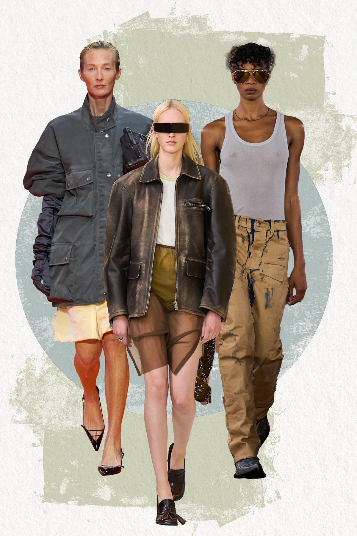 Images from the Prada, MM6, and Acne SS26 fashion shoes that depict messy girl fashion