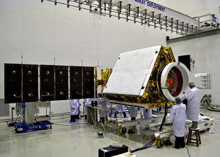 A view of India's RISAT 1 radar surveillance satellite as it was prepared for launch by the India Space Research Organisation.