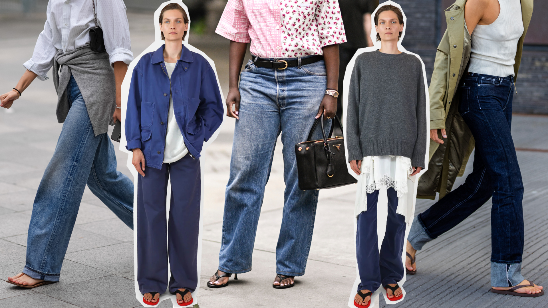 A collage of women wearing flip-flop and jeans outfits