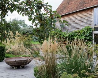 Garden privacy ideas featuring long grasses and a firepit on a patio area.