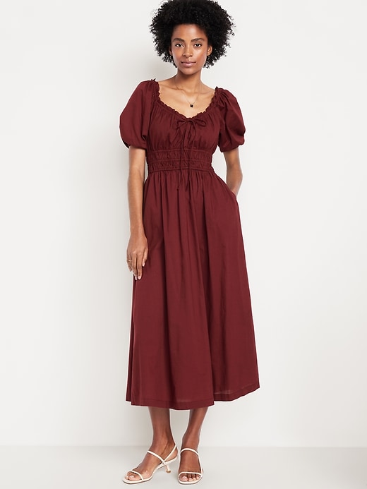 Fit &amp;amp; Flare Puff-Sleeve Midi Dress