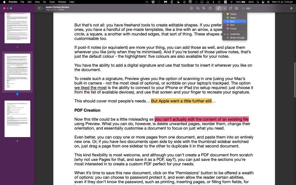 Highlighting text in free PDF reader Apple Preview