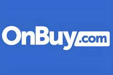 the onbuy logo written in white on a blue background