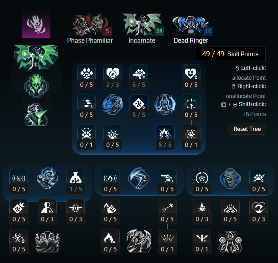 Borderlands 4 Vex builds: A screenshot of Vex's The Fourth Seal tree for her Infinite Bleed build from Maxroll's builder.