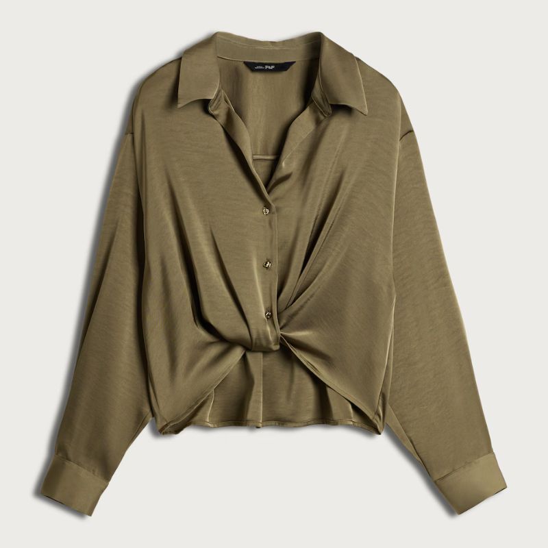 F&amp;amp;F, Satin Twist Front Hem Button Up Shirt