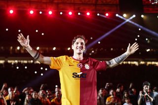 Nicolo Zaniolo of Galatasaray celebrates the 3-0 victory against Fenerbahce in the Super Lig match at NEF Stadyumu on June 4, 2023 in Istanbul, Turkey.