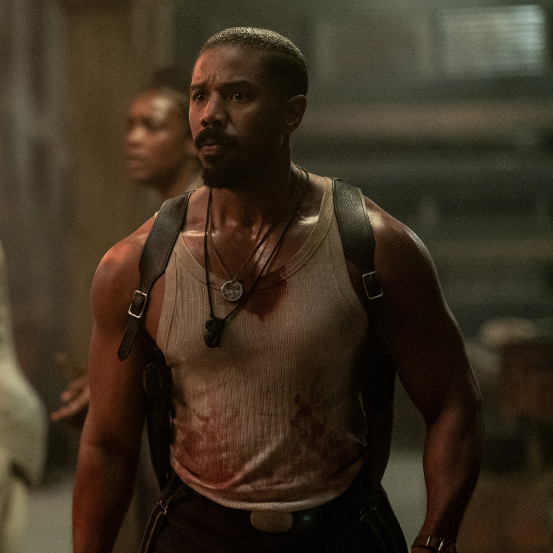 michael b jordan covered in blood in a still from sinners