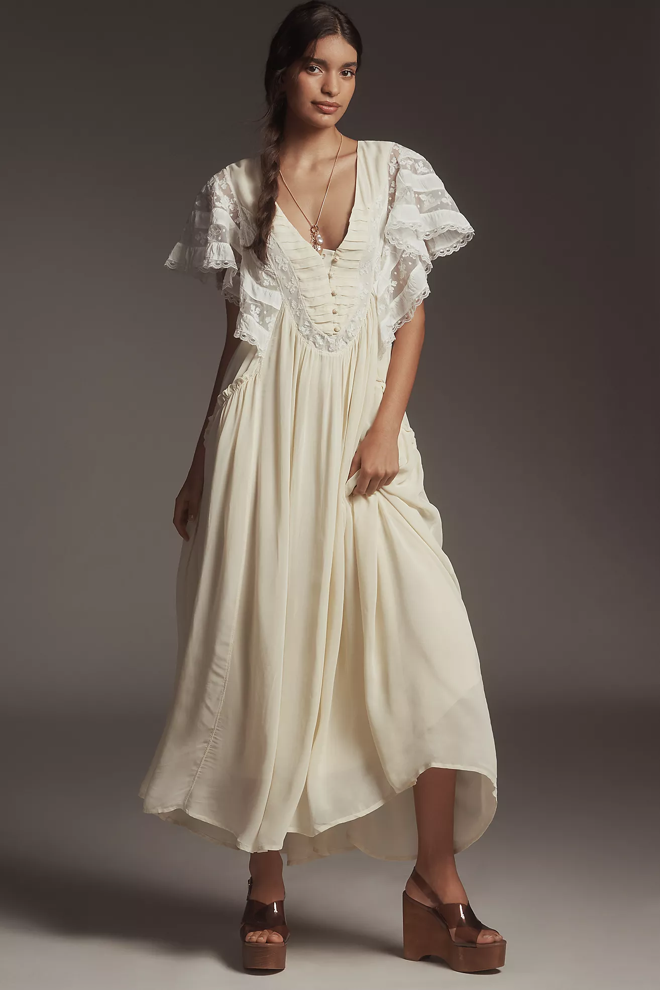 By Anthropologie V-Neck Flutter-Sleeve Midi Dress