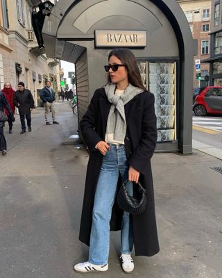 @ leasy_inparis wearing straight-leg jeans and a long coat