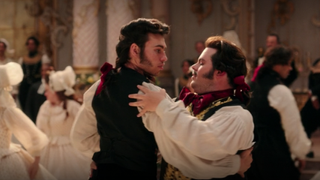 Josh Gad as Le Fou dancing with man in Beauty in the Beast 