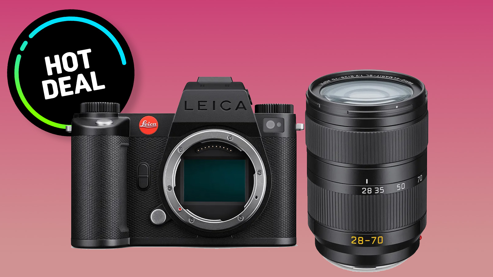 Leica SL3-S and Vario-Elmarit-SL 28-70mm f/2.8 product image on pink background with roundel