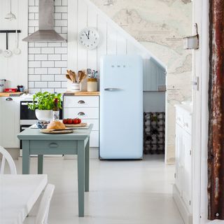 Blue SMEG fridge in modern industrial kitchen