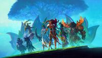 A group of World of Warcraft's most prominent characters gather atop a mountain