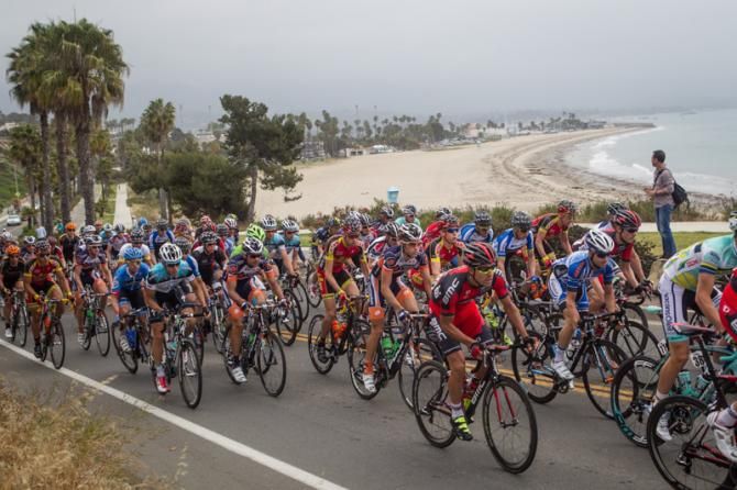 The peloton rolls out of Santa Barbara.