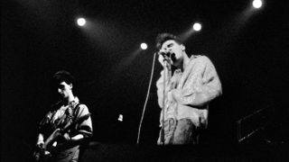 English musicians Johnny Marr (left) and Morrissey, both of the group the Smiths, Red Wedge Tour, Newcastle City Hall, Newcastle, 1/31/1986. During the latter half of the 1980s, the Red Wedge collective organized a series of music and comedy tours throughout the UK in an attempt to mobilize young fans in opposition to Prime Minister Margaret Thatcher’s then-ruling Conservative Party