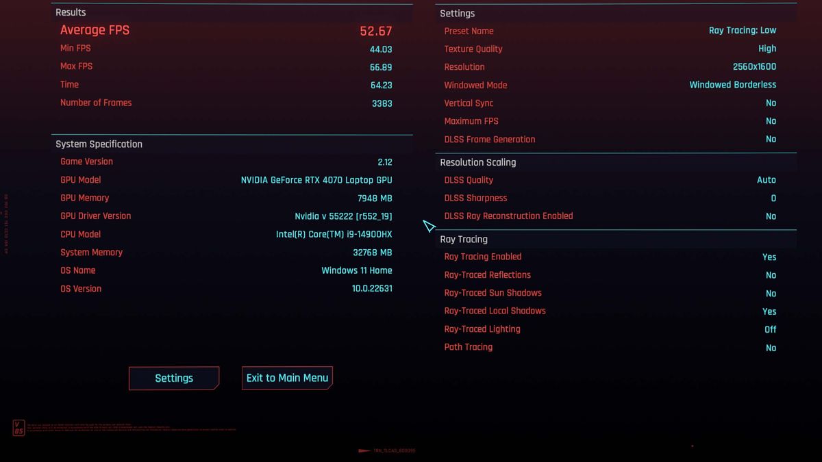 Lenovo Legion Pro 5i (Gen 9) benchmarks: Cyberpunk 2077 with low ray tracing.