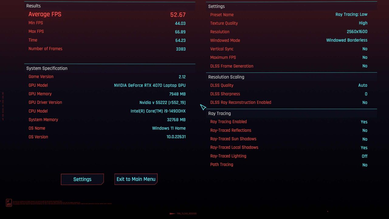 Lenovo Legion Pro 5i (Gen 9) benchmarks: Cyberpunk 2077 with low ray tracing.