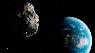 An illustration of an asteroid with Earth in the background