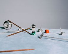 Georg Jensen games including dice, spinning top and Mikado