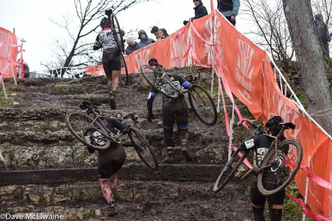 Women's collegiate racing at USA Cycling Cyclo-cross National Championships in Austin, Texas.