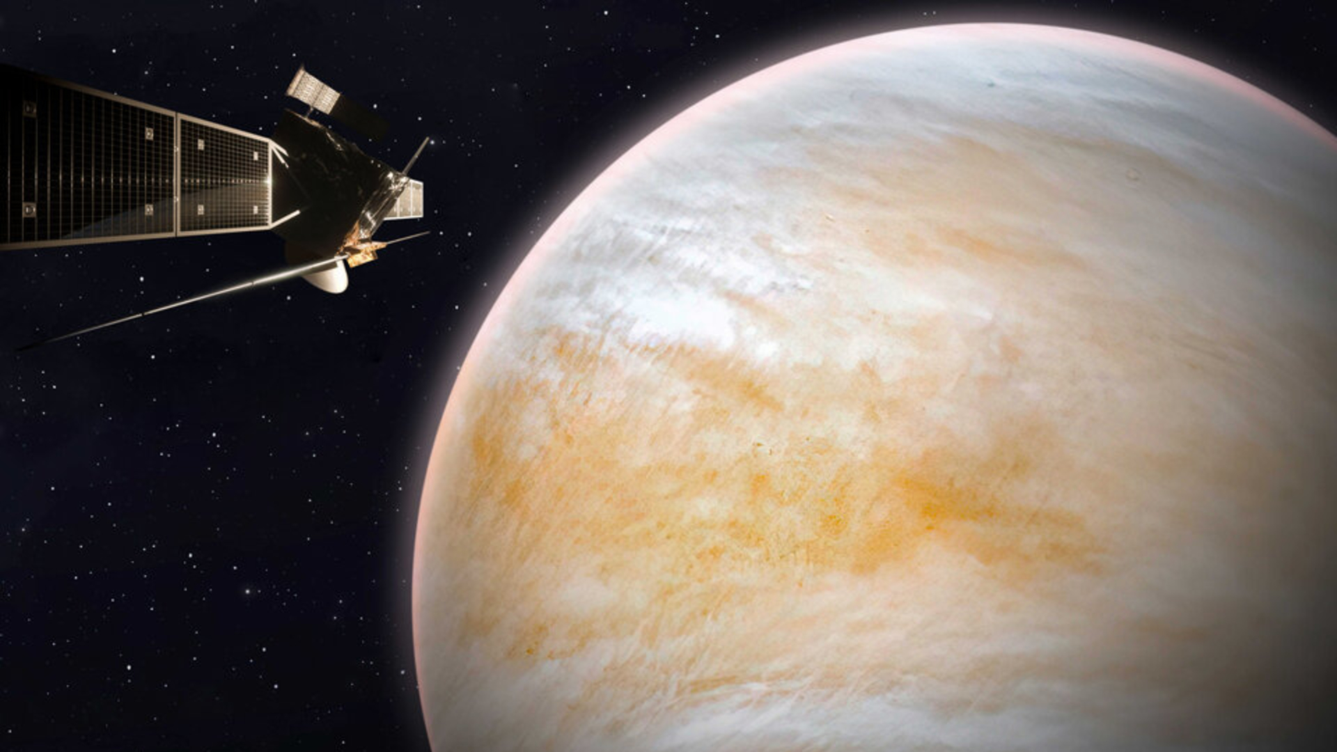 An illustration showing a spacecraft with various antennae floating in front of the orange and white swirling planet of Venus